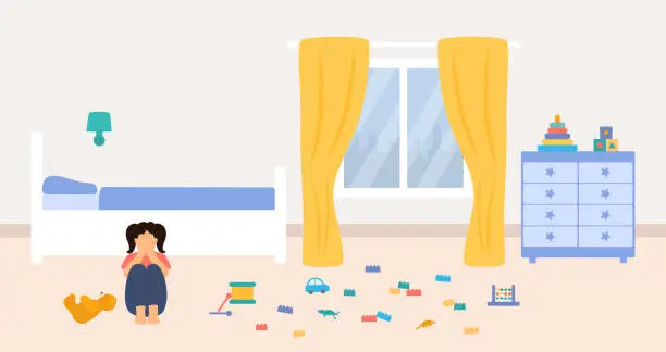 Vector illustration of Little Girl Crying And Covering Her Face With Her Hands.Childhood Problems, Insecurity And Loneliness Concept. Child's Room Interior With Bed, Dresser And Colorful Toys