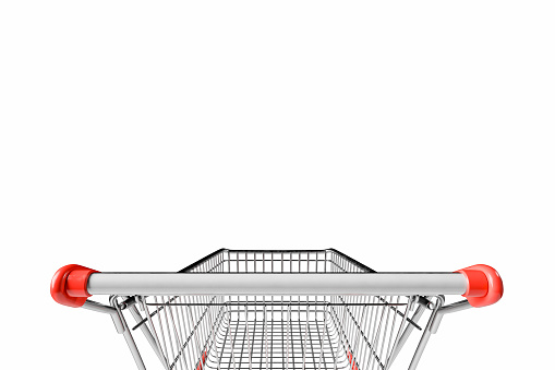 3d rendering of an empty metal shopping cart viewed from a shopper's first-person perspective, featuring red handle grips, isolated on a white background. Shopping experience.