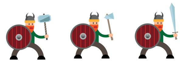 ilustraciones, imágenes clip art, dibujos animados e iconos de stock de personaje vikingo berserk diferentes armas estilo plano - viking mascot warrior pirate