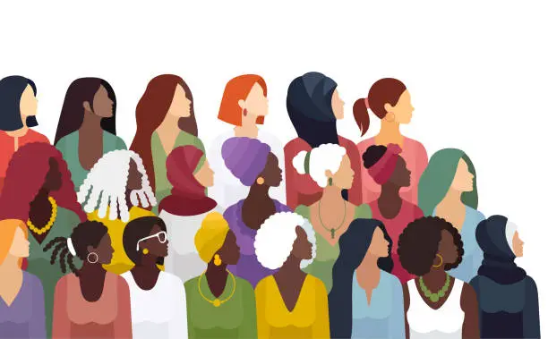 Vector illustration of International Women’s Day Banner. Multiracial Group of Women.