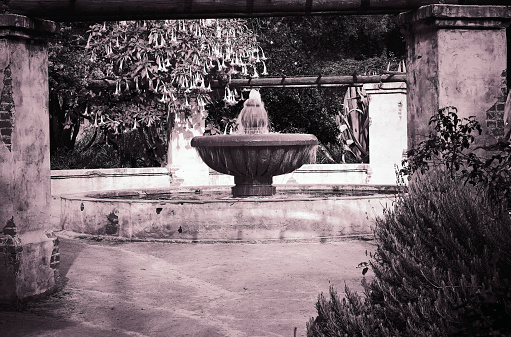 A serene desert with a fountain, surrounded by trees and a building