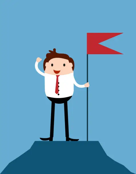 Vector illustration of Happy Successful Businessman on Top of the Mountain with a Victory Flag