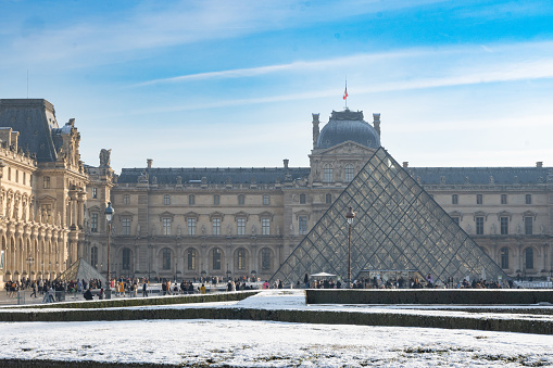 Paris, France, 18th of January 2024, Pyramid and Louvre museum under snow,