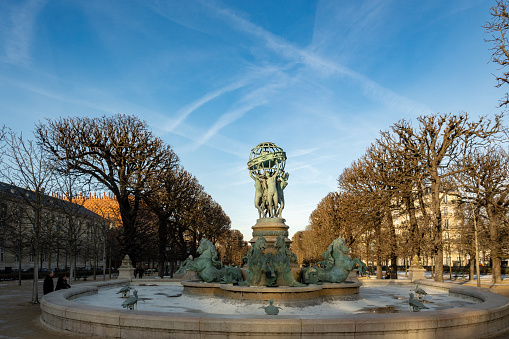 PETERHOF, ST. PETERSBURG, RUSSIA - OCTOBER 02, 2021: Lion fountain cascade with mascarons in Indian summer. UNESCO World Heritage Site. Architecture of the 19th century.