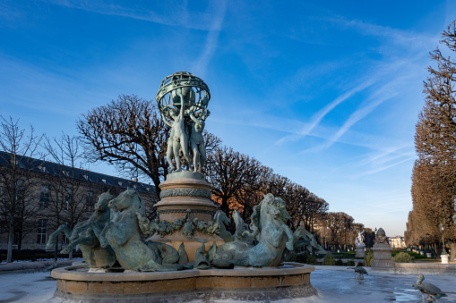 Paris, France, 20th of February 2024, Fontaine des Quatre Parties du Monde at Jardin des Grands-Explorateurs in 6th arrondissement of Paris,