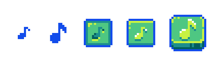 Pixel Music Play Button Icon Set for Retro Game UI. Retro 8-Bit Style Music Note and Audio Soundtrack Buttons