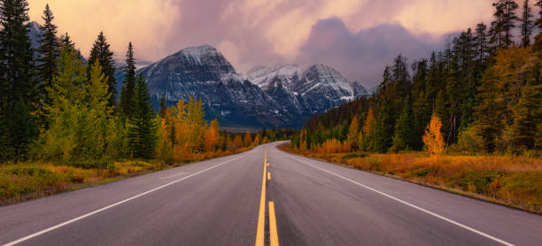 istock Scenic road winding towards cloud-covered mountains with vibrant autumn foliage 2010093321