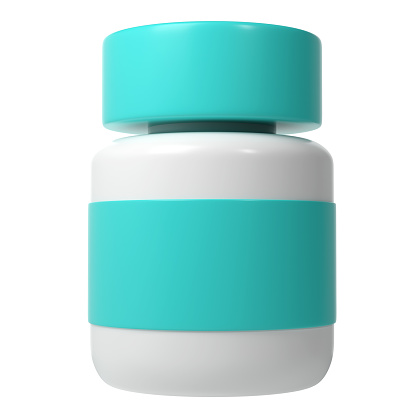 3d pill bottle medical icon pharmacy. White plastic supplement jar. Protein vitamin capsule packaging, large powder jar blank remedy cylinder pharmaceutical drug can.