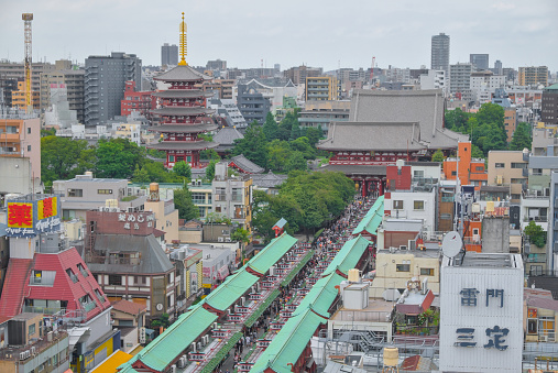 Kaminarimon gate with Nakamise Shopping Street on above view, photographed in summer, Tokyo 2019.