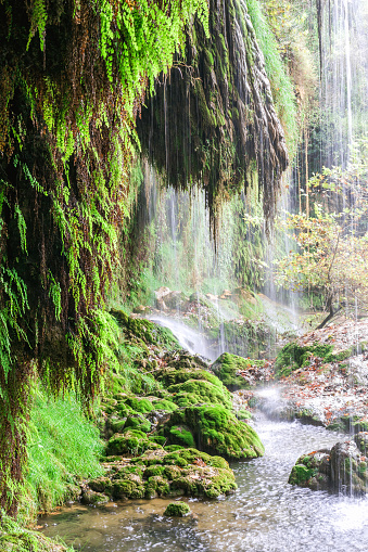 Kursunlu waterfall with clear water in the lake. View of Kursunlu Waterfall in Antalya, flowing from high mountain.