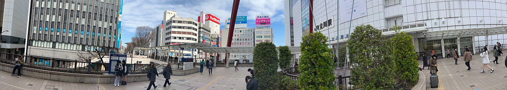 Panoramic photo depicting the scenery around Tachikawa Station North Exit Square, photographed data February 14, 2024, Tachikawa Station North Exit Square, Tachikawa City, Tokyo.