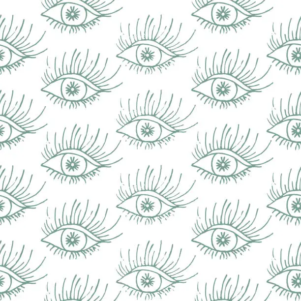 Vector illustration of Green eyes. Iris, pupil, eyelid, long eyelashes. Repeating vector pattern. Colorless background.