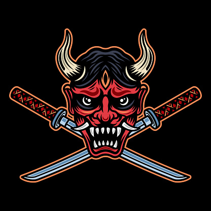 Oni mask and two crossed katanas vector illustration in colored style on dark background