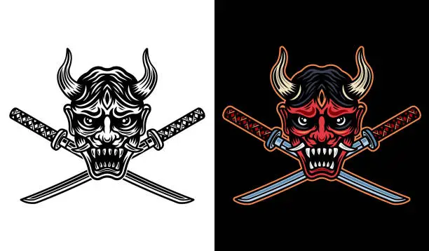 Vector illustration of Oni mask and two crossed katanas vector illustration in two styles monochrome on white and colorful on dark background