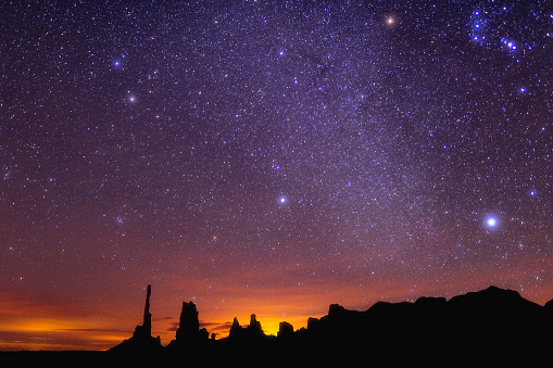 The night sky filled with stars above Monument Valley, Arizona.