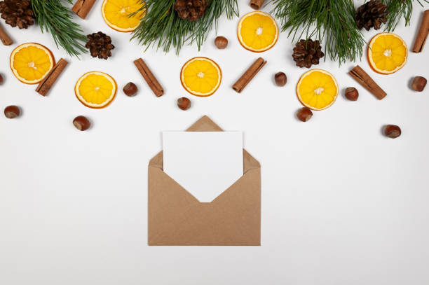 istock Christmas composition, dried orange slices, fir tree branches, cinnamon sticks, pine cones, hazelnuts on white background. 2010150679