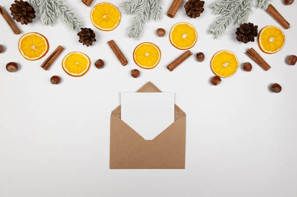 istock Christmas composition, dried orange slices, fir tree branches, cinnamon sticks, pine cones, hazelnuts on white background. 2010150693