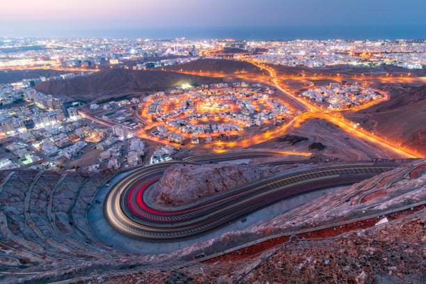 istock View from the top on wavy road in Muscat in blue hour 2010168333