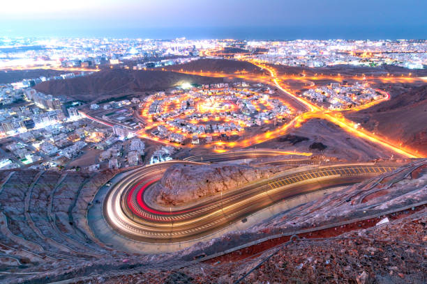 istock View from the top on wavy road in Muscat in blue hour 2010168341