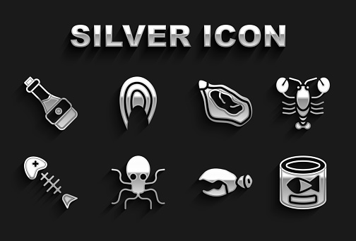 Set Octopus Lobster Canned fish or crab claw Fish skeleton Mussel Soy sauce bottle and steak icon. Vector.