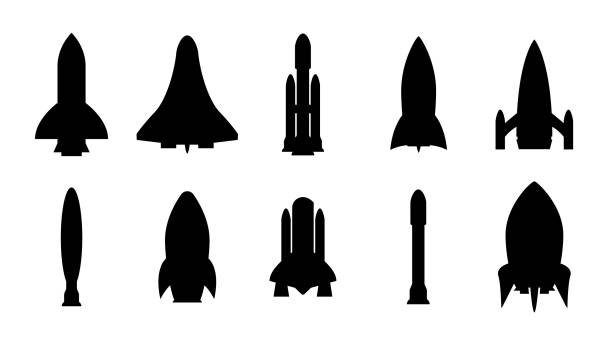 illustrazioni stock, clip art, cartoni animati e icone di tendenza di icona del veicolo dell'astronauta dell'illustrazione della silhouette del razzo. concetto di cartone animato di velocità futura dell'astronave del missile vettoriale di lancio del razzo. - missile armi