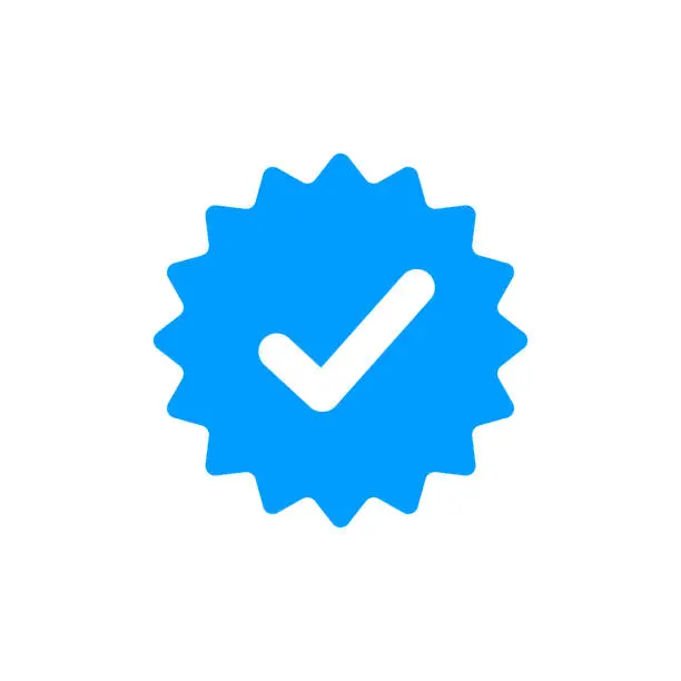 Vector illustration of Blue check mark tick verification icon symbol. Confirm checkmark label approval quality product verification blue tick.