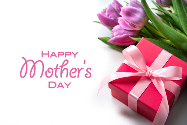 Mother's Day design concept background with tulips and gift box on white background. Copy space. High resolution 42Mp studio digital capture taken with Sony A7rII and Sony FE 90mm f2.8 macro G OSS lens