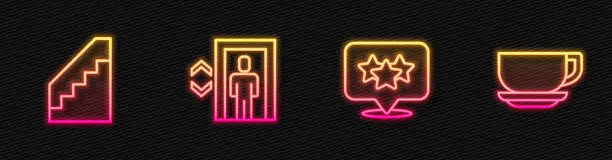 Vector illustration of Set line Stars rating, Stairs, Lift and Coffee cup. Glowing neon icon. Vector