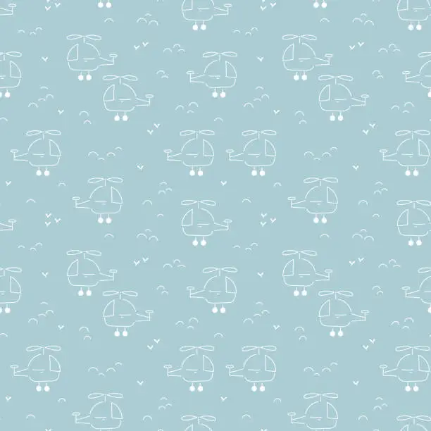 Vector illustration of Cute Cartoon Helicopter and Clouds Seamless Pattern for Baby Boy. Line Art Flying Helicopters. Vector Blue Pattern for Kids Fashion.