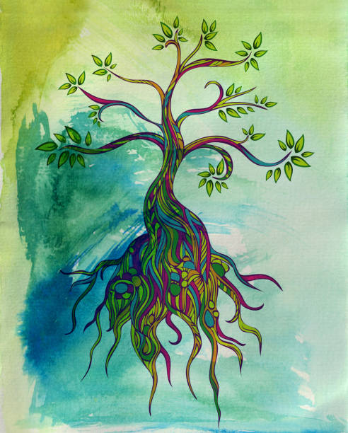 ilustrações, clipart, desenhos animados e ícones de spring tree - tree root family tree watercolor painting