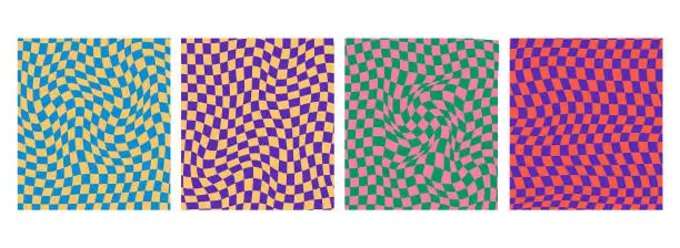 Vector illustration of 4 Groovy checkered psychedelic seamless patterns. Checkerboard. Funky hippie fashion print, retro background. Y2k aesthetic.