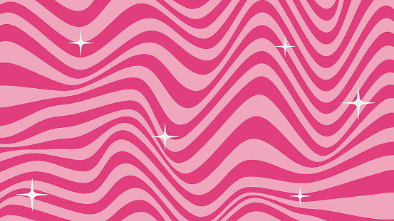 Cute pinky abstract background in pink core 2000s style. Trendy psychedelic retro style backdrop. Waves, swirl, twirl and stars pattern. Twisted distorted vector texture. Y2k aesthetic design