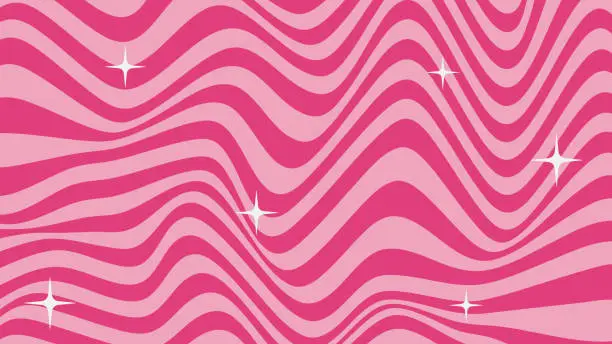 Vector illustration of Cute pinky abstract background in pink core 2000s style. Trendy psychedelic retro style backdrop. Waves, swirl, twirl and stars pattern. Twisted distorted vector texture. Y2k aesthetic design