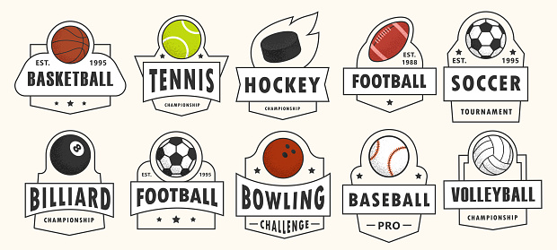 Sports badges or labels vector set. Editable stroke design. Different illustrations of sport balls. Variety of sport types such as basketball, baseball or tennis.