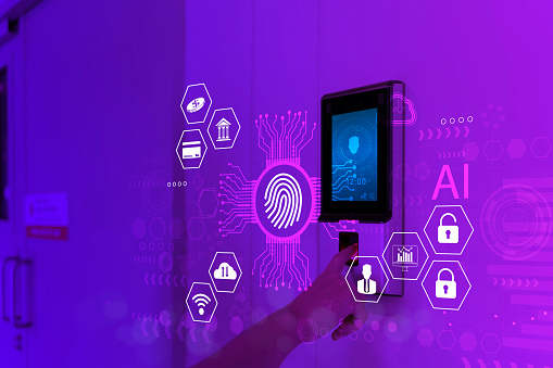 Finger print scan, Male employees press sensors to record company attendance time and after work, Time Recorder Attendance - Out work, Encryption for identity verification or electronic signing.
