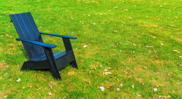 Landscaping, iron chairs on the green grass at Princeton University. New Jersey USA