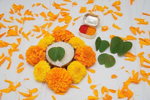 Apte leaves and Zendu flower, symbolic gold, Dussehra festival. Hindu Festival, Indian festival.