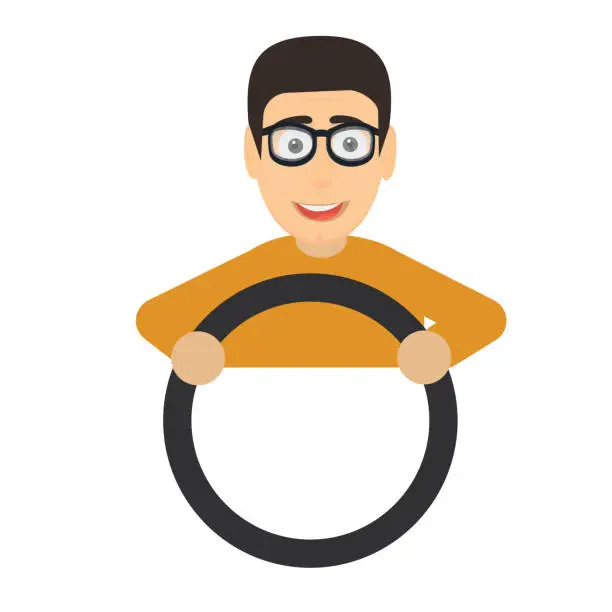 Vector illustration of Man is a car driver. Man with a car steering wheel