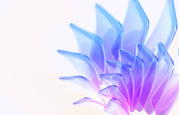 3d abstract geometric background with translucent rainbow glass in shape flower. Iridescent crystal rectangle curved wavy plates with blue and pink gradient texture, light refraction. 3D illustration