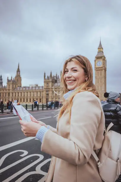 Young European tourist woman in her 30s with toothy smile looking directly into the camera, while holding a printed city map at Westminster bridge in city of London, United Kingdom. Selective focus on the model with defocused skyline at the back including unrecognised people visiting the iconic Big Ben clock tower and Parliament building,  photo is vertical with plenty of copy space in the sky. Shot on full frames camera during a cold season with casual warm clothes and cream leather back pack - creative stock image