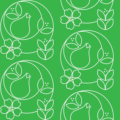 Rosehip flowers and berries, white outline on a green background. Contour drawing isolated on green. Seamless pattern with editable stroke.
Background for cover, fabric, decor.