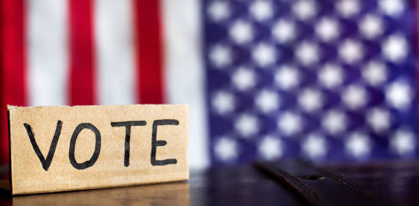 istock USA flag with vote text, election banner 2010300147