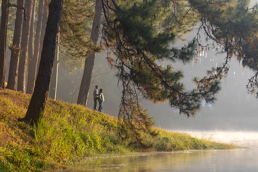 Back view of senior couple watching sunrise together in pine forest after hiking for love, marriage and healthy long last relationship bonding and longevity