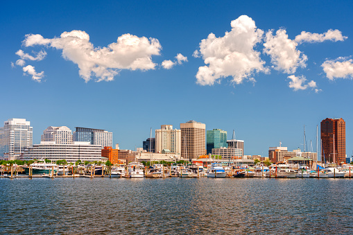 Norfolk, Virginia, USA downtown skyline on the Elizabeth River.