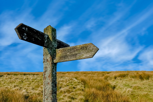 A weathered wooden public footpath sign against a blue sky pointing the way with copy space.