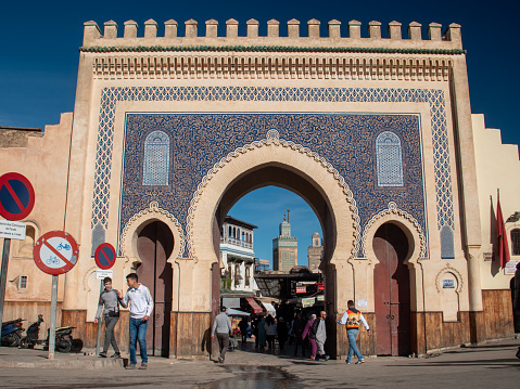 View at the Blue Gate entrance to Fez Medina. Fez, Morocco - 16 January 2024