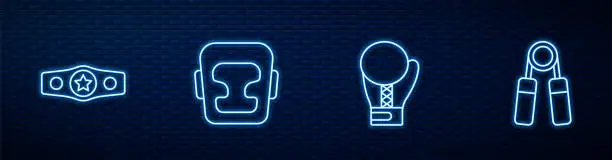 Vector illustration of Set line Boxing glove, belt, helmet and Sport expander. Glowing neon icon on brick wall. Vector