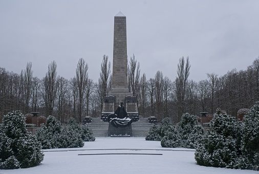 Berlin, Germany - Jan 15, 2024: Soviet War Memorial (Schonholzer Heide). Here rest an estimated 13,200 Soviet soldiers who did not survive to the Battle for Berlin. Cloudy winter day Selective focus