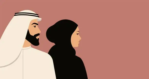 Vector illustration of Muslim man and woman profile portraits.