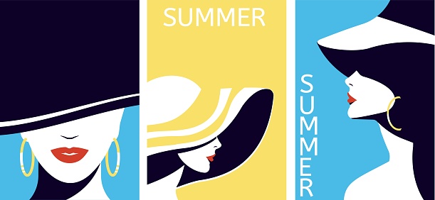 Set of posters with young pretty woman wearing hat. Red lips and earrings. Profile and front view portrait. Vertical summer vacation banners, advertising brochure, magazine article.